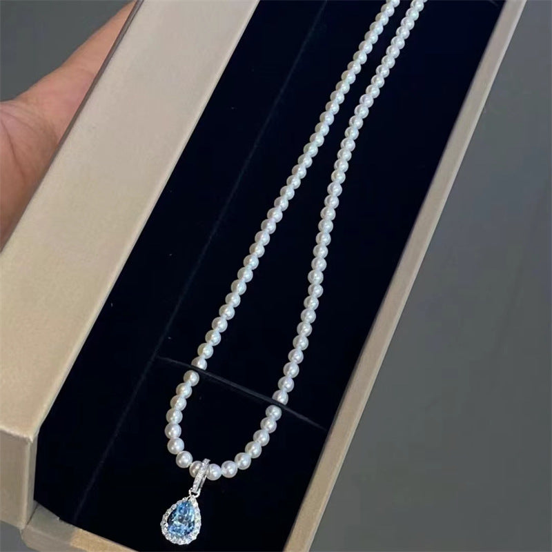 Colar de Pérolas Moissanite com Gema Azul Celeste