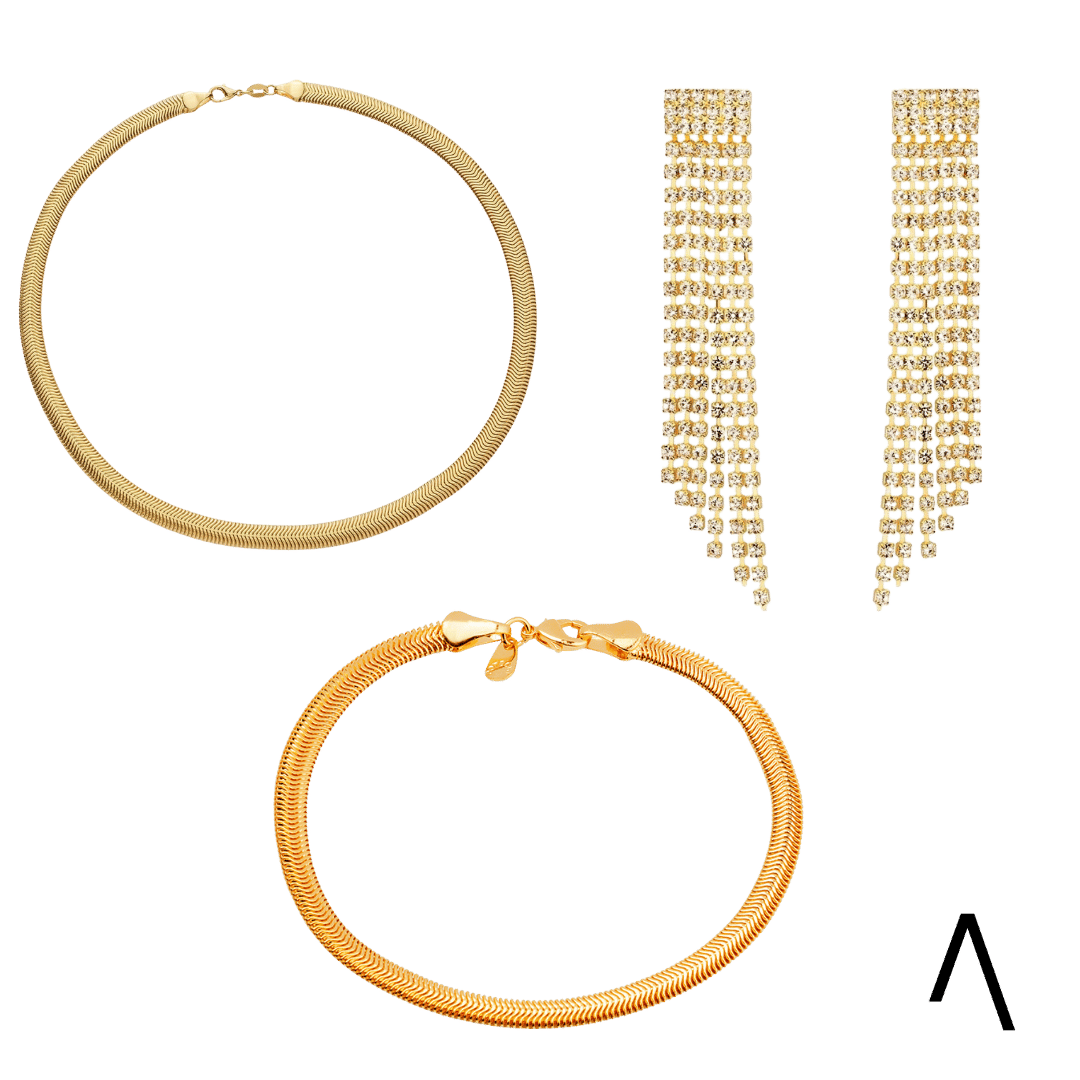 Conjunto Dourado Noite de Luxo em fundo branco