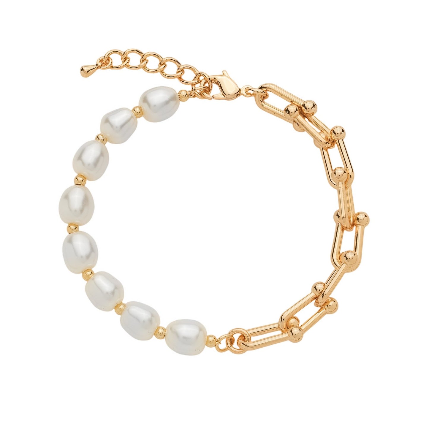 Pulseira Dourada de Corrente com Pérolas em fundo branco