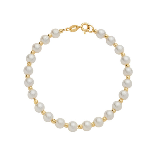 Pulseira Dourada de Pérolas e Bolinhas em fundo branco