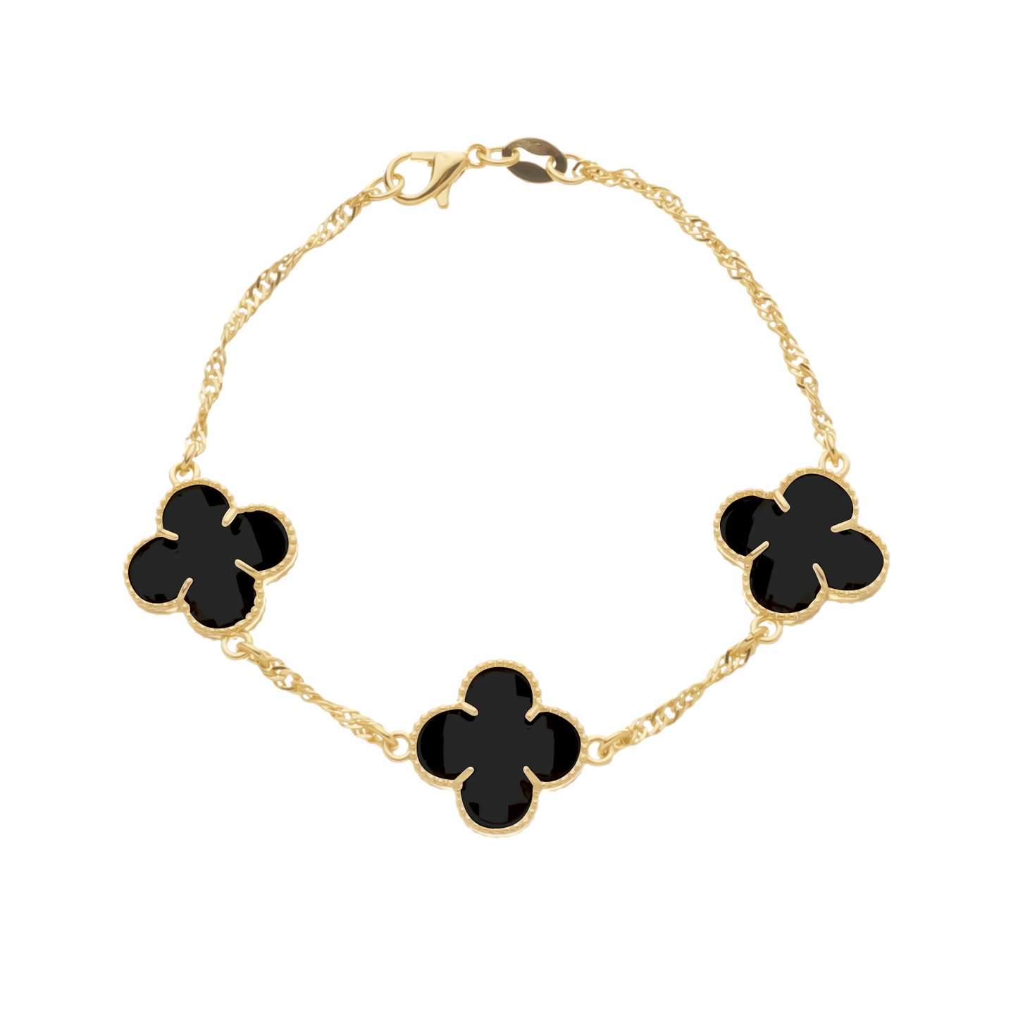 Pulseira dourada com trevos e zircônias pretas Aetheria em fundo branco