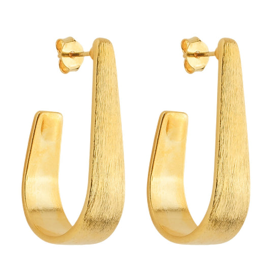 Brinco dourado escovado em formato de gota com acabamento fosco e banho de ouro 24K, elegante e moderno
