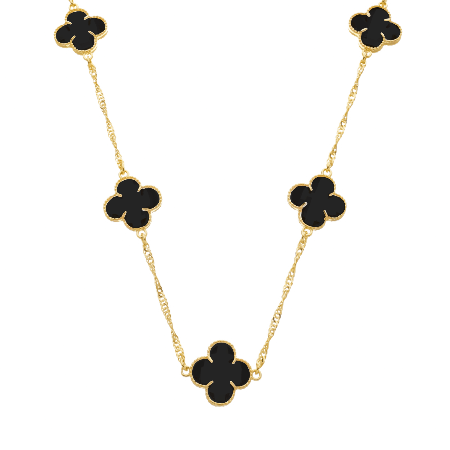 Colar dourado Aetheria com cinco trevos e zircônias pretas em fundo branco