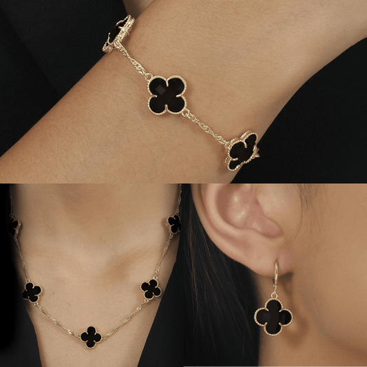 Conjunto com Trevos Pretos Dourados