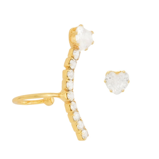 Piercing Dourado Earcuff Coração Cravejado de Zircônia Com Brinco em fundo branco