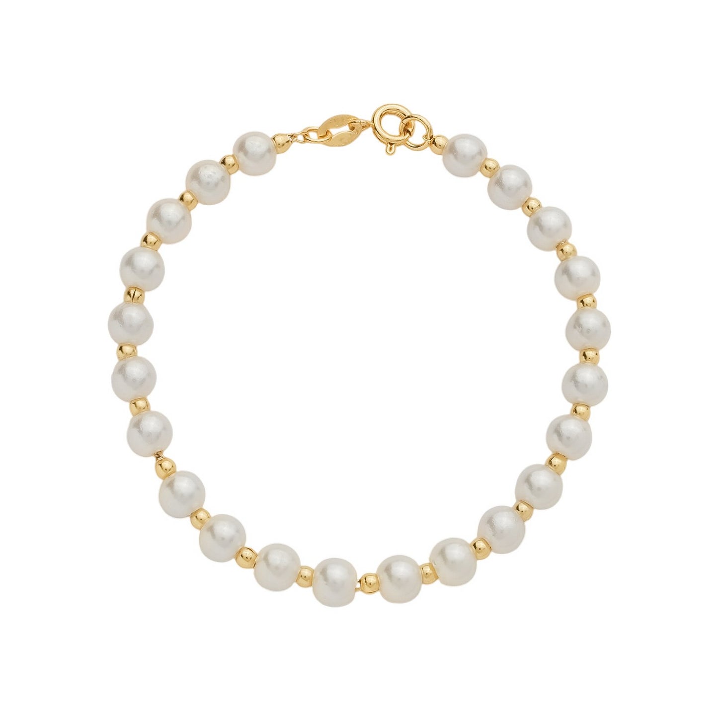 Pulseira Dourada de Pérolas e Bolinhas em fundo branco

