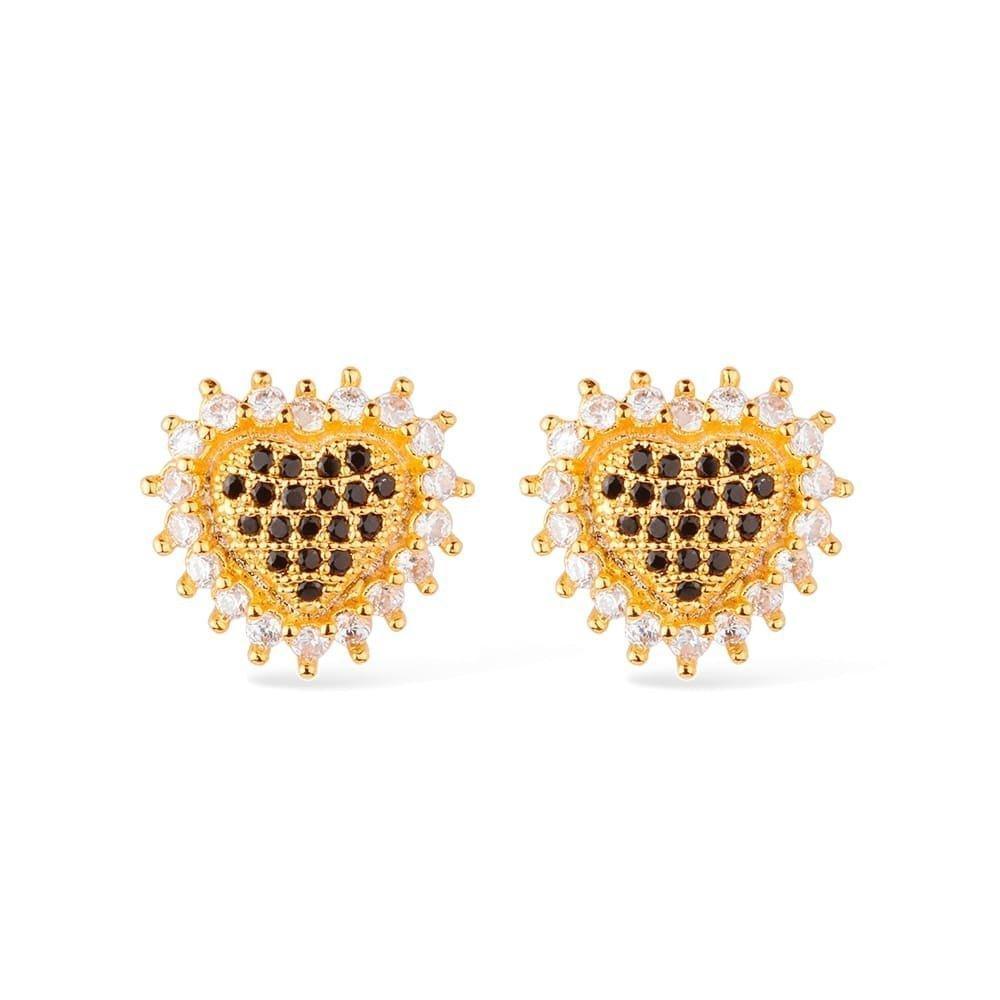 Brinco Dourado de Coração Cravejado com Pedras de Zircônia e Detalhes em Strass Negro